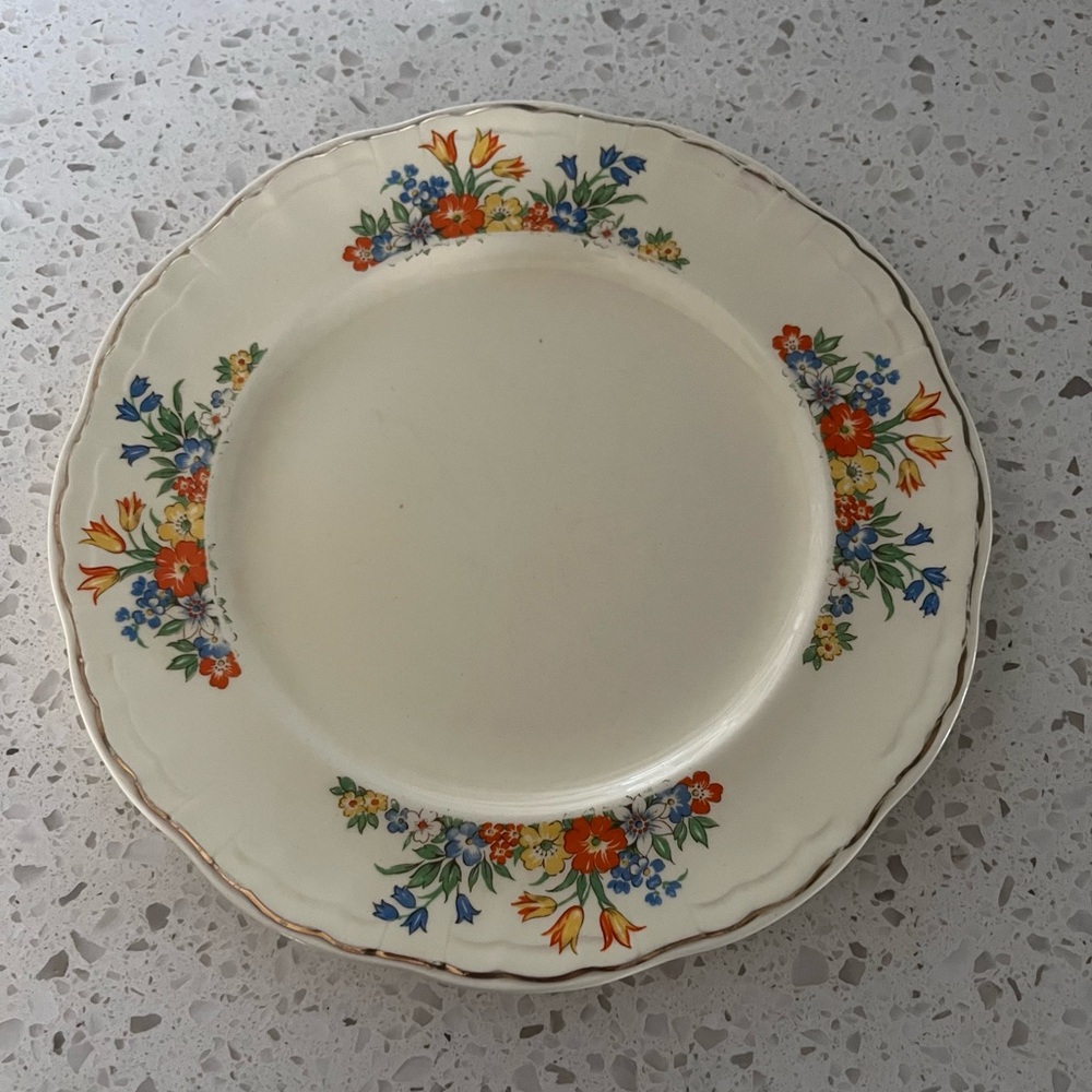 Vintage Floral Accent  Desert Plate - Cream with Orange & Blue Flowers
